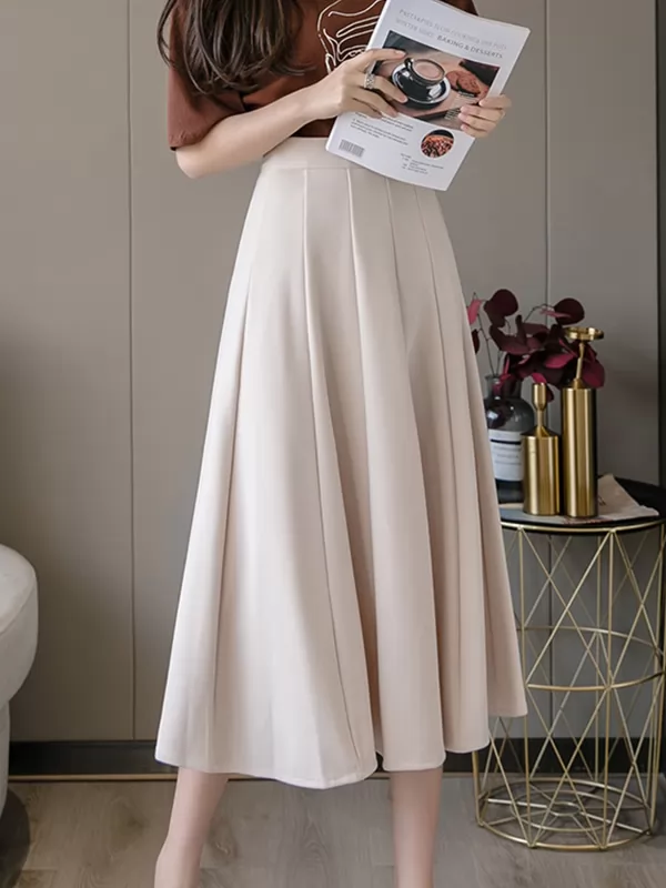 Qooth Solid Falda de dama de oficina de cintura alta de primavera verano de longitud media para mujer