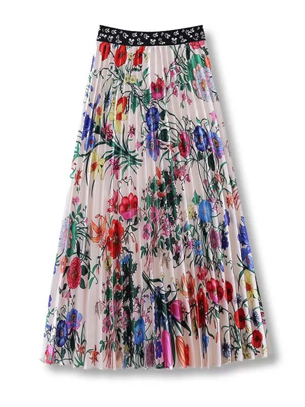 Qooth Faldas plisadas de longitud media con cintura elástica y estampado floral de viscoe para mujer