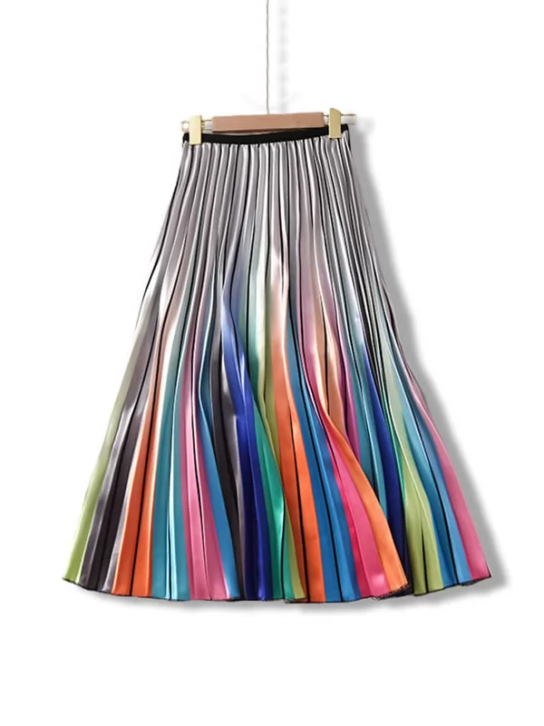 Qooth New Printed Rainbow Plisado Mid-Length Primavera Otoño Forro Falda de cintura alta