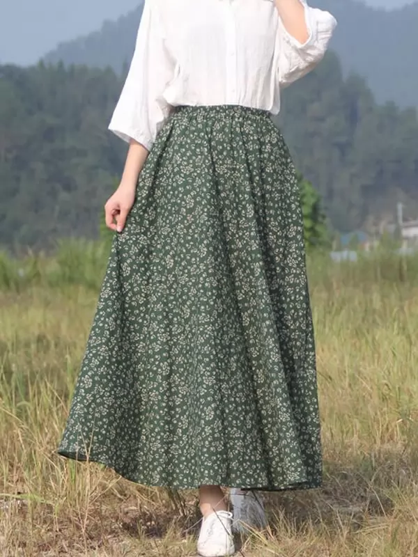 Qooth Verano Otoño Mujer Floral Impreso A Line Vintage Casual Faldas