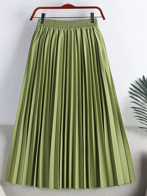 2022 Spring Summer Elastic Waisted Solid Color Mid Length Pleated Women's Skirt QT1675