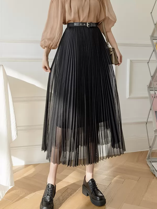 Summer Double-layer Mesh Mid Skirt Women's High Waisted Tulle Pleated Skirts QT1648