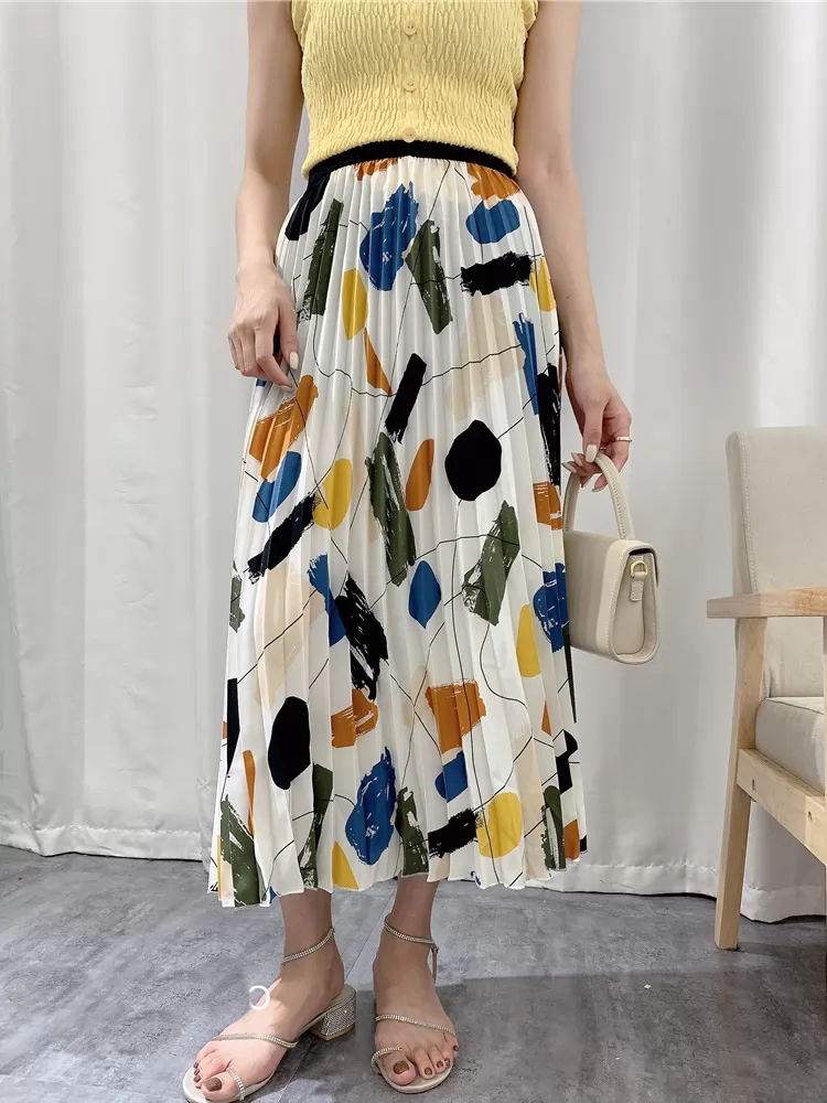 Summer Elegant Painting Printed Skirts Women Maxi Pleated Skirt QT1724